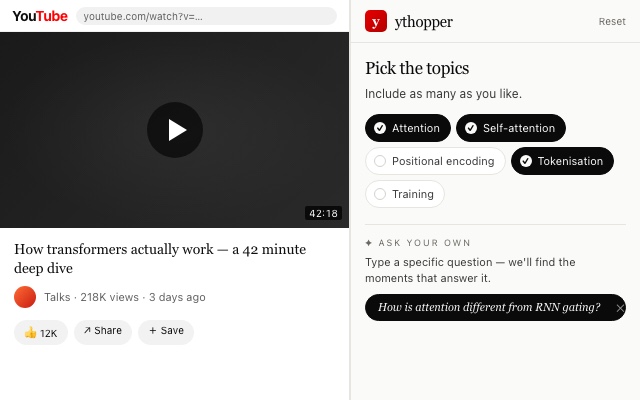 The ythopper Chrome extension shown as a side panel on a YouTube video, with topic chips selected and a custom question added.